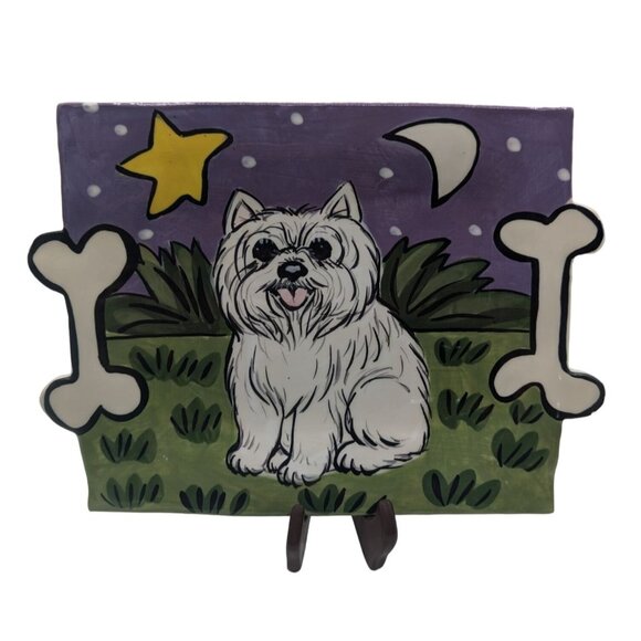 Hand-Painted Ceramic Westie Dog Plate Tray Signed by Artist Bone Handles 11 3/4" - Picture 1 of 8